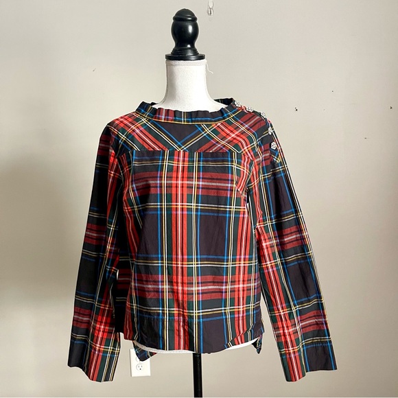 J. CREW | Plaid Rhinestone Button Shoulder Long Sleeve High-Low Top z 8 - Picture 2 of 12